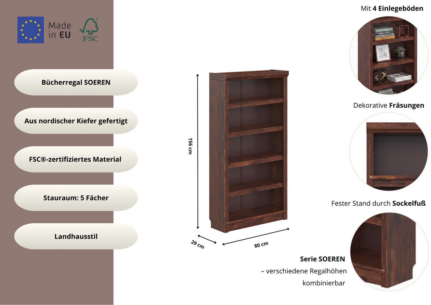 OTTO home Bücherregal Soeren, aus massiver Kiefer, Tiefe 29 cm, FSC®-zertifiziert – Bild 3 von 5