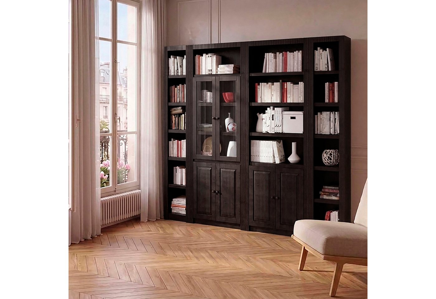 OTTO home Bücherwand Bergen Bücherregal mit 1 Vitrine, offene und geschlossene Fächer, massives Kiefernholz, natürlichen Maserung, Knopfgriffe, Breite 255 cm – Bild 2 von 5