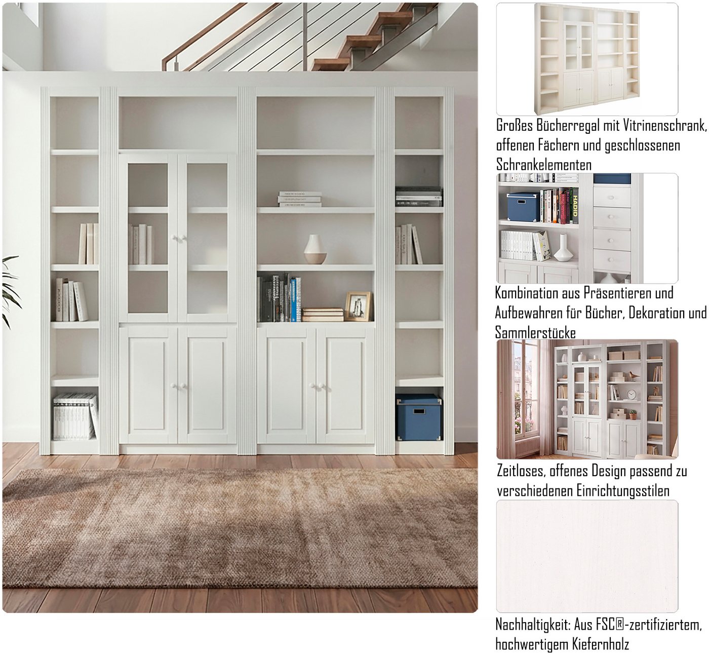OTTO home Bücherwand Bergen Bücherregal mit 1 Vitrine, offene und geschlossene Fächer, massives Kiefernholz, natürlichen Maserung, Knopfgriffe, Breite 255 cm – Bild 3 von 5
