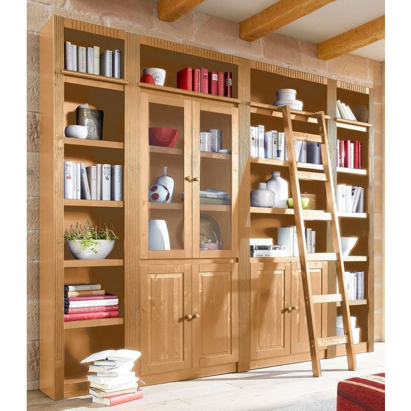 OTTO home Bücherwand Bergen Bücherregal mit 1 Vitrine, offene und geschlossene Fächer, massives Kiefernholz, natürlichen Maserung, Knopfgriffe, Breite 255 cm