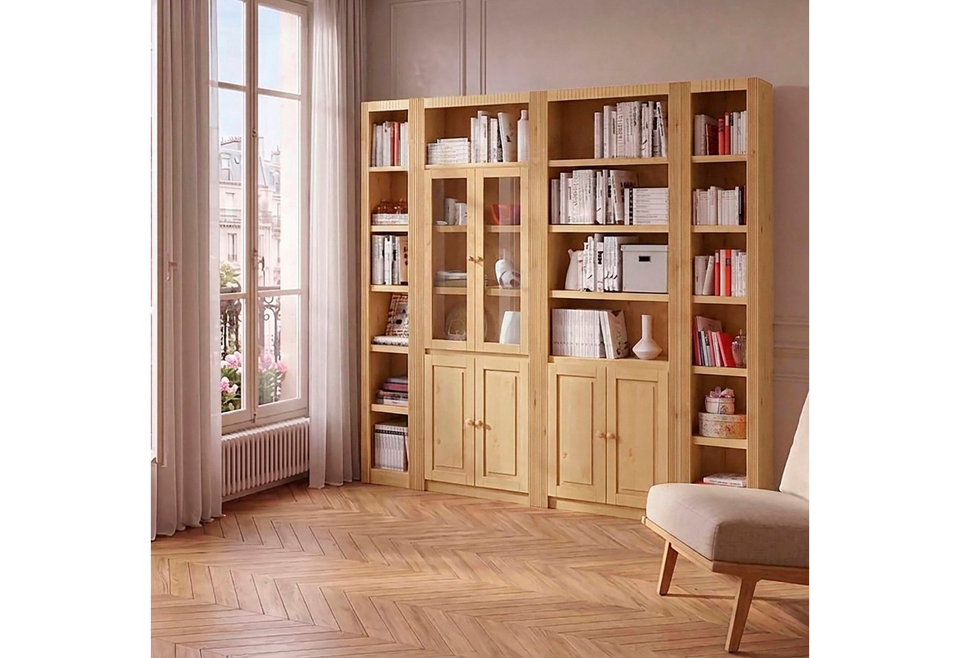 OTTO home Bücherwand Bergen Bücherregal mit 1 Vitrine, offene und geschlossene Fächer, massives Kiefernholz, natürlichen Maserung, Knopfgriffe, Breite 255 cm – Bild 2 von 5