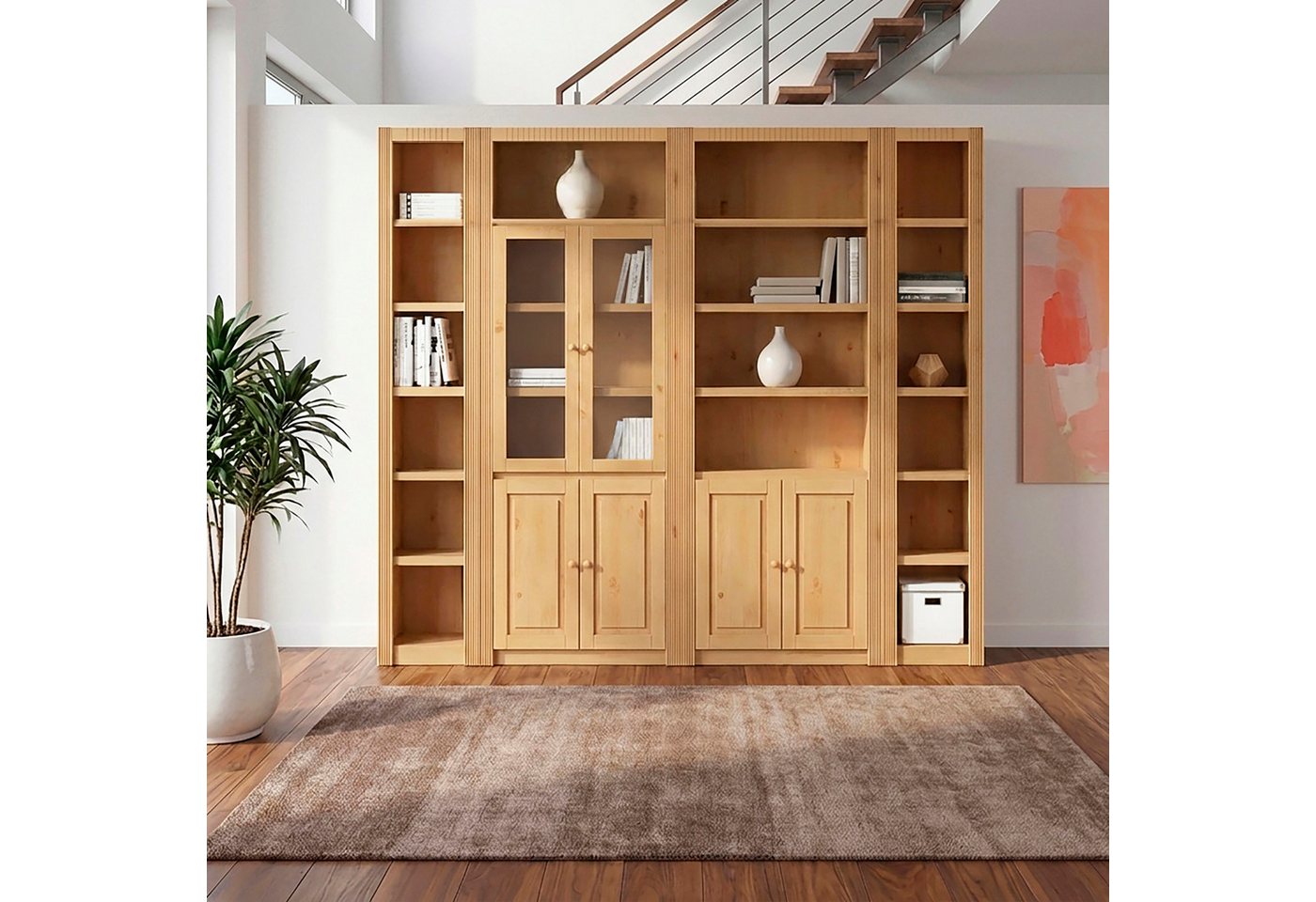 OTTO home Bücherwand Bergen Bücherregal mit 1 Vitrine, offene und geschlossene Fächer, massives Kiefernholz, natürlichen Maserung, Knopfgriffe, Breite 255 cm – Bild 4 von 5