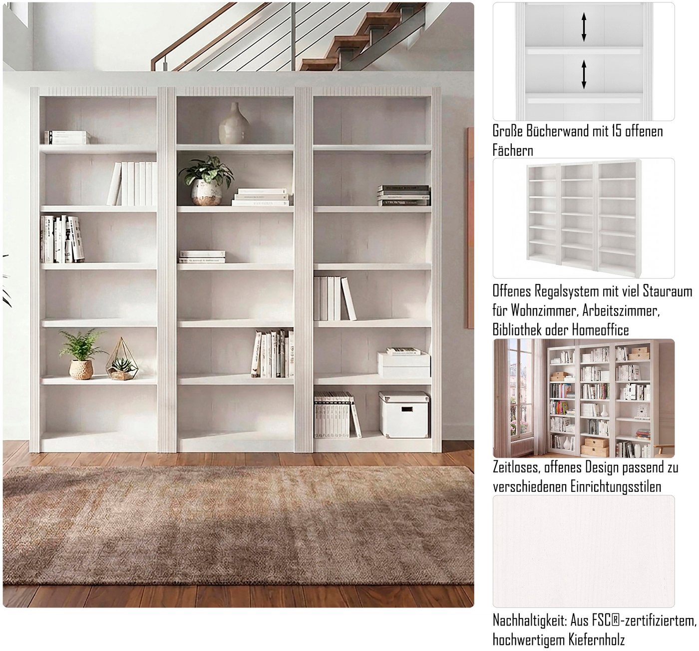OTTO home Bücherwand Bergen, aus schönem massivem Kiefernholz, 3 tlg. – Bild 3 von 5