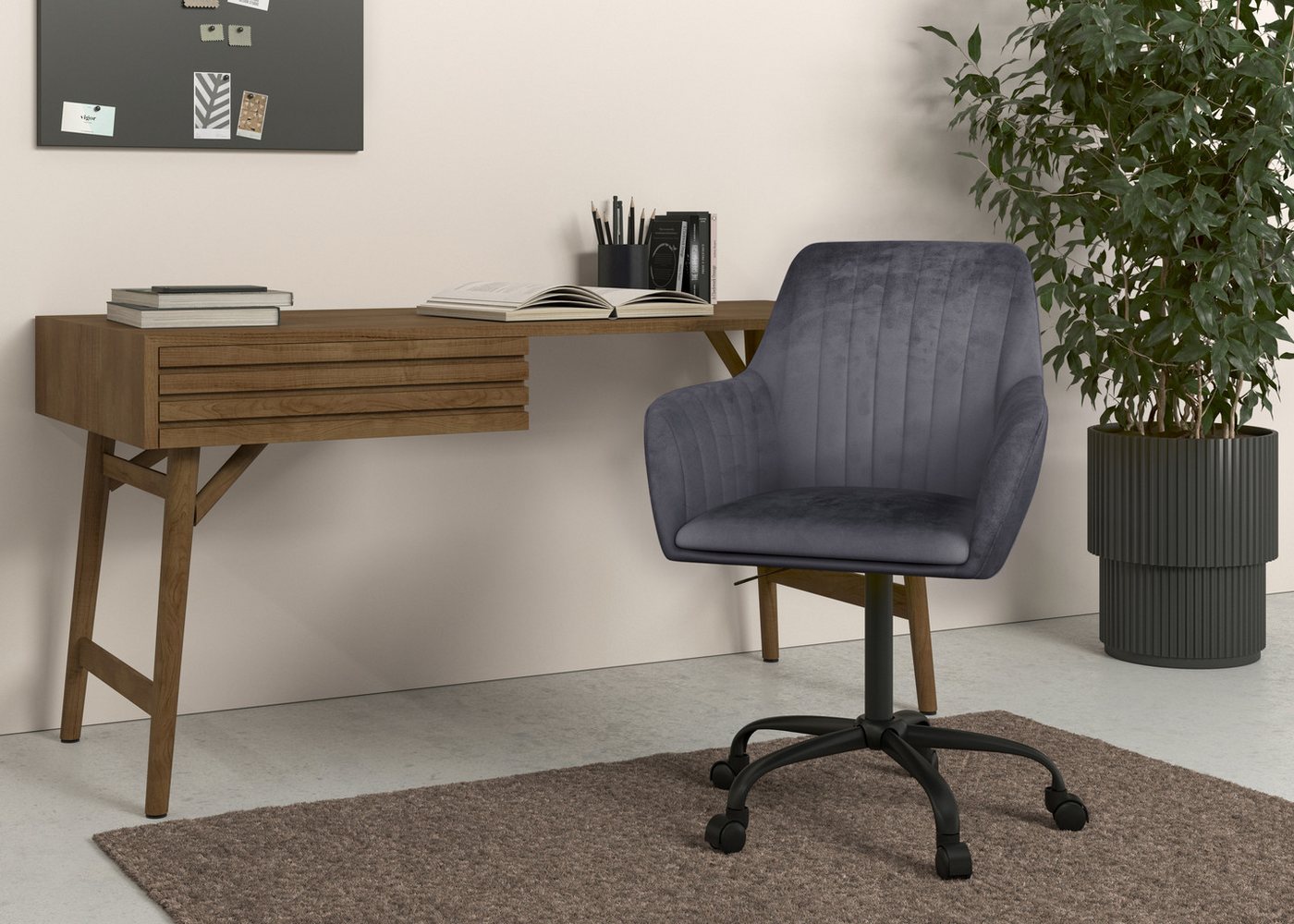 OTTO home Bürostuhl Perry2, eleganter Samtstuhl, schwarzes Drehkreuz,Polsterung in Längsnaht-Optik – Bild 2 von 5