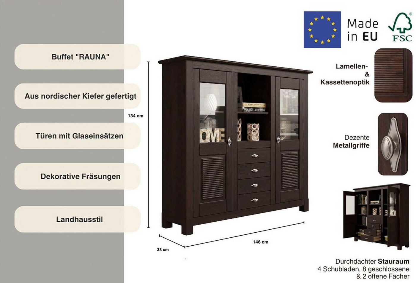 OTTO home Buffet Rauna Highboard, massive Kiefer, Türen mit Glaseinsätzen, B/H 146/134 cm – Bild 3 von 5