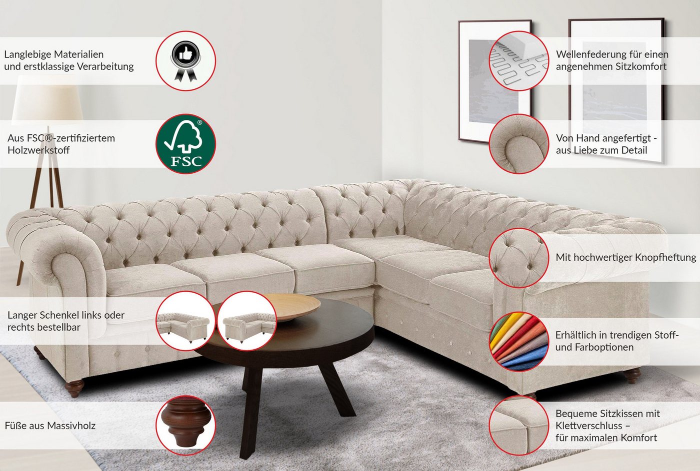OTTO home Chesterfield-Sofa Chesterfield Ecksofa, auch in Leder L-Form, hochwertige Knopfheftung, langer Schenkel links oder rechts wählbar – Bild 3 von 5