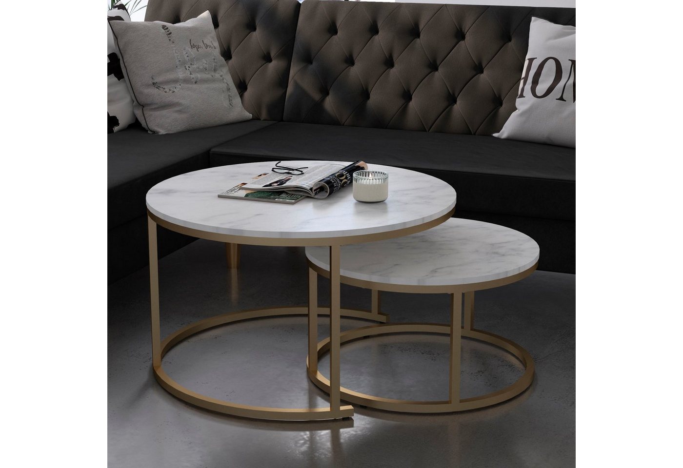 OTTO home Couchtisch Amelia (Set, 2-St), 2 tlg., Tischplatte MDF Keramik-Optik, bronzefarbenes Metallgestell – Bild 4 von 5