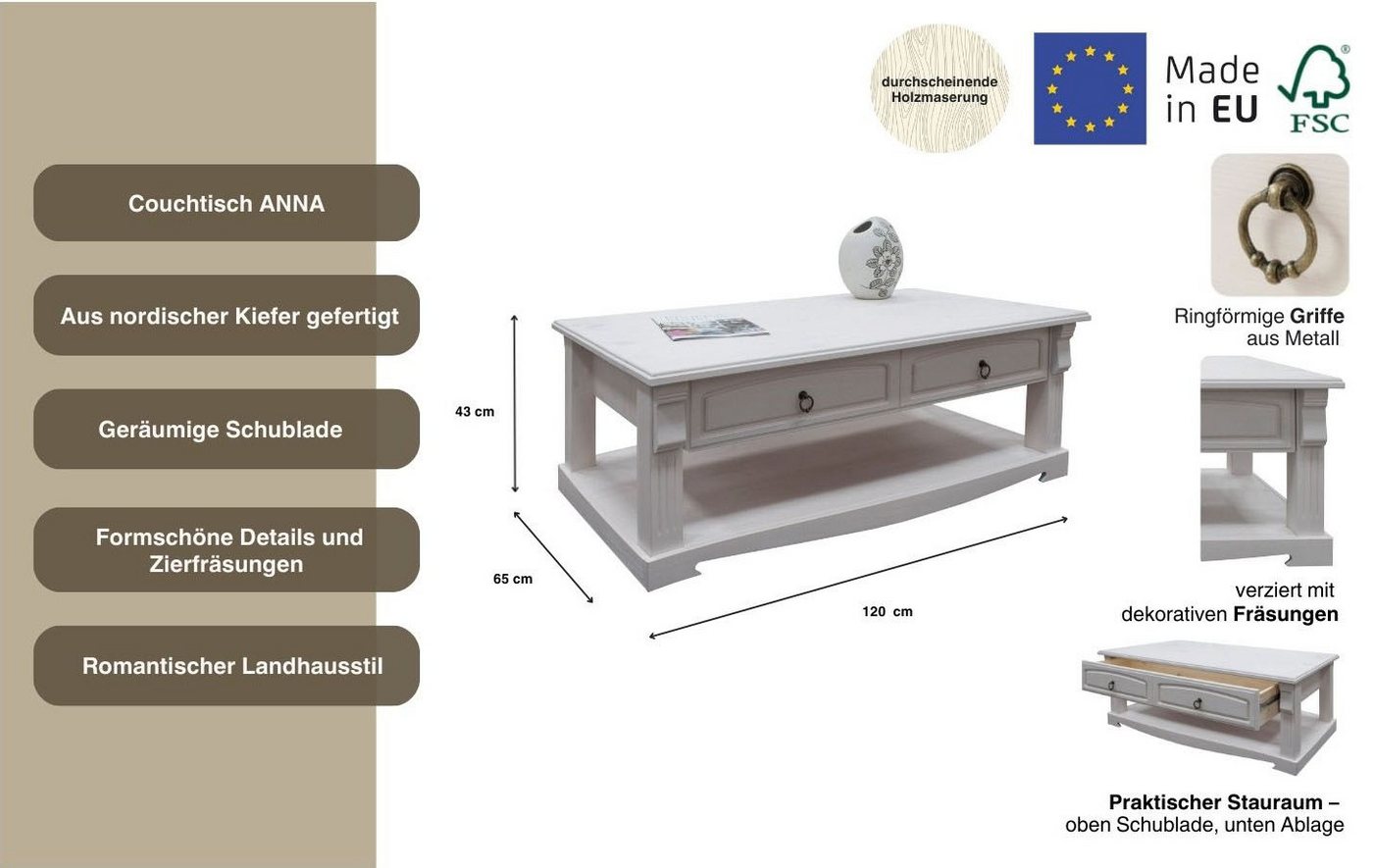 OTTO home Couchtisch Anna, Kaffeetisch mit Schublade, im Landhausstil (Gesamtmaße (B/T/H): ca. 120/65/43 cm), Massivholz, FSC®, mit dekorativen Fräsungen, Made  – Bild 3 von 5