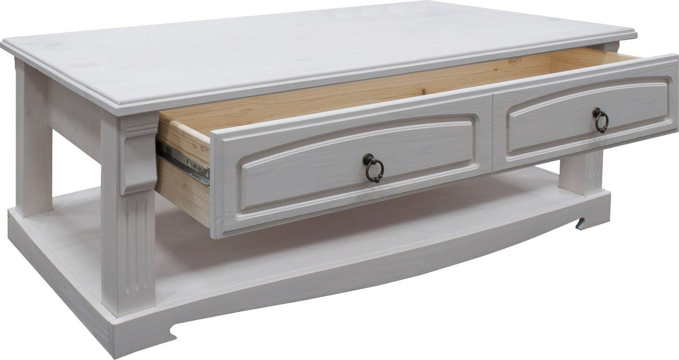 OTTO home Couchtisch Anna, Kaffeetisch mit Schublade, im Landhausstil (Gesamtmaße (B/T/H): ca. 120/65/43 cm), Massivholz, FSC®, mit dekorativen Fräsungen, Made  – Bild 4 von 5