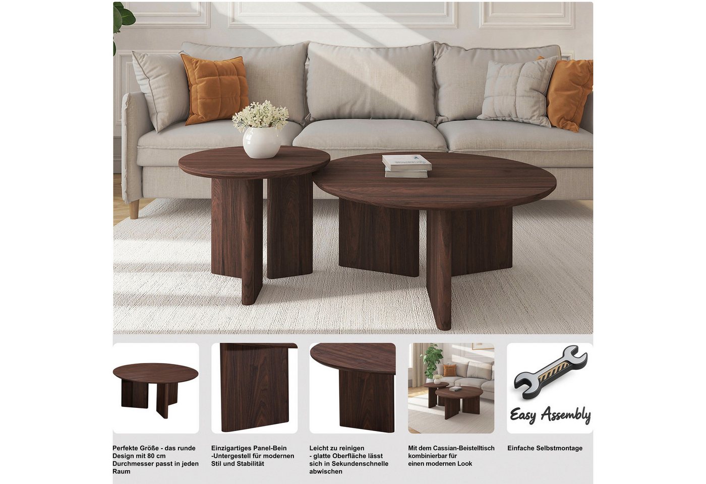 OTTO home Couchtisch Cassian (1-St), warme Walnussoptik, außergewöhnliches Kreuzgestell, Ø 80 cm – Bild 3 von 5