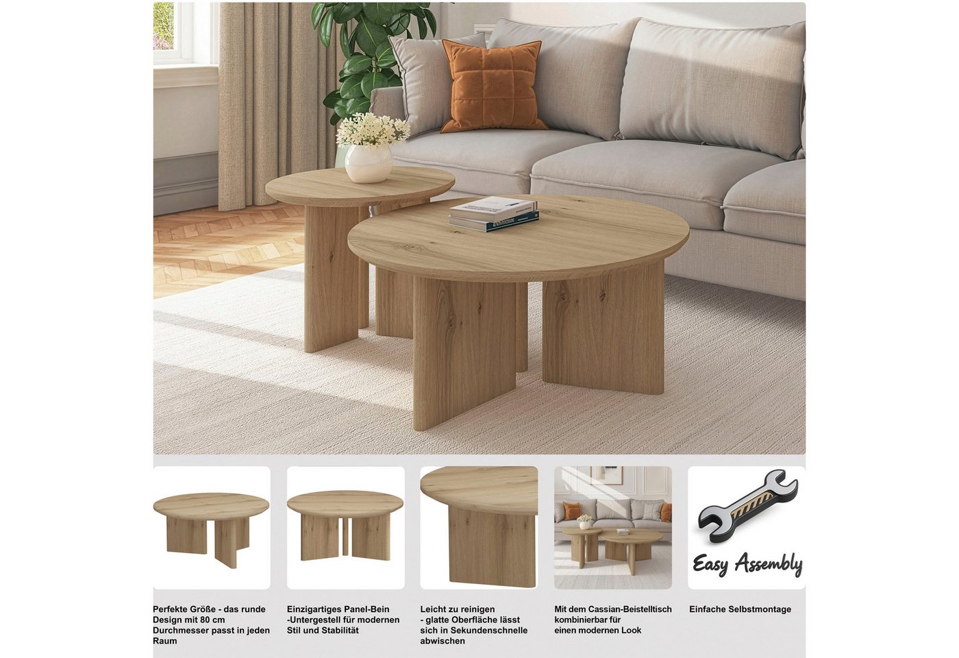 OTTO home Couchtisch Cassian (1-St), warme Eichenoptik, außergewöhnliches Kreuzgestell, Ø 80 cm – Bild 3 von 5