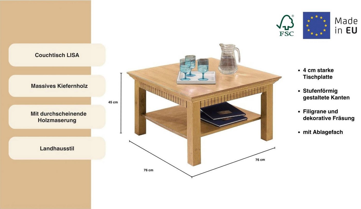 OTTO home Couchtisch Lisa, Tisch, Kaffeetisch, Beistelltisch, Kaffeetisch, massives Kiefernholz, FSC®, B/T/H: 76x76x45 cm – Bild 3 von 5