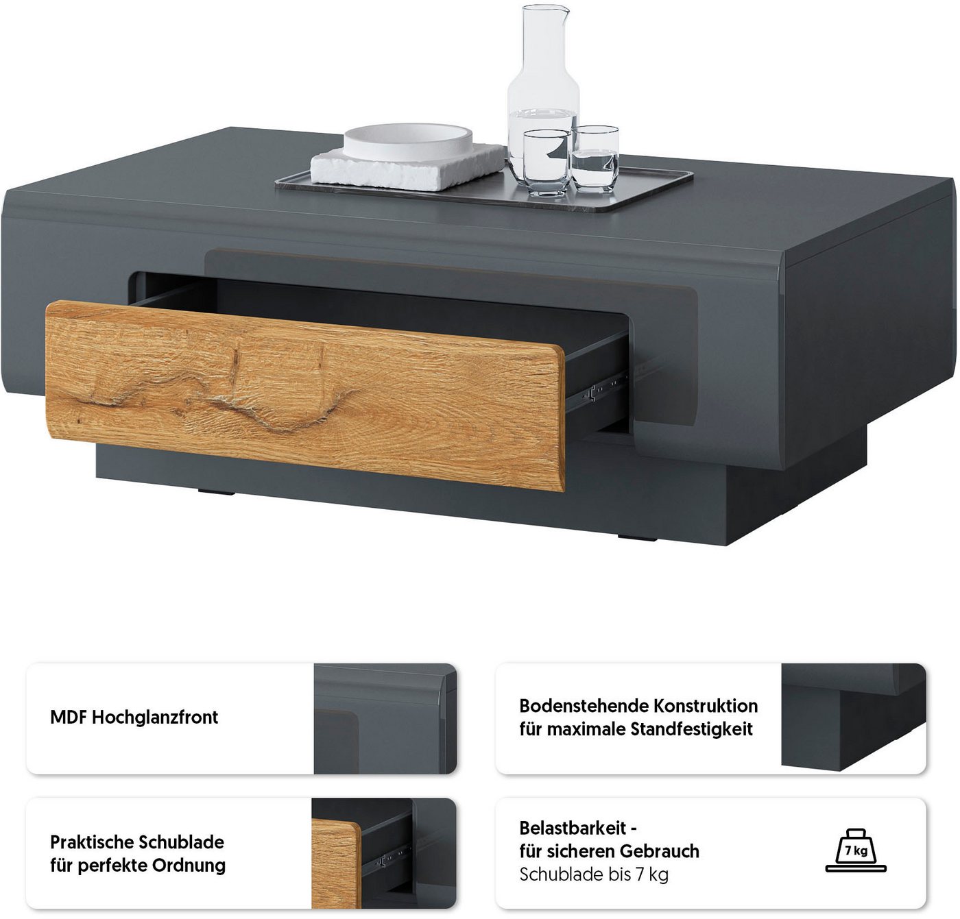 OTTO home Couchtisch Toledo,Breite 110cm eleganter Sofatisch mit Hochglanzelemente, Kaffeetisch mit 1 Schublade, Wohnzimmertisch – Bild 3 von 5