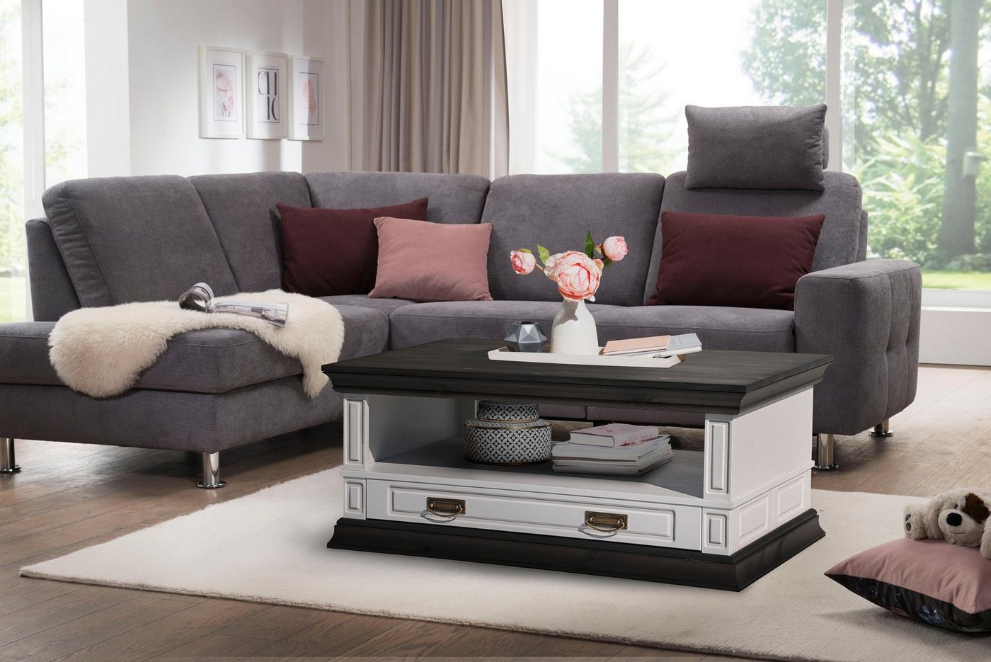OTTO home Couchtisch Vinales mit Messinggriffen im Jugendstil und einer Schublade, mit Zierleiste und elegantem Sockel – Bild 2 von 5