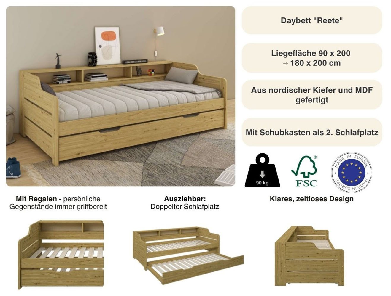 OTTO home Daybett "REETE1", Stauraum, Funktionsbett, Kinderbett, inklusive Schubkasten, mit Regalen, FSC® zertifiziertes Massivholz (Kiefer), Landhausstil – Bild 3 von 5