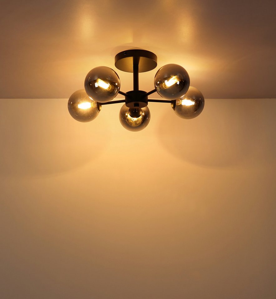 OTTO home Deckenleuchte Amellia, ohne Leuchtmittel, Metall schwarz-matt, Glas Rauchfarben, Ø 50cm, Glaskugeln, Deckenlampe – Bild 2 von 4