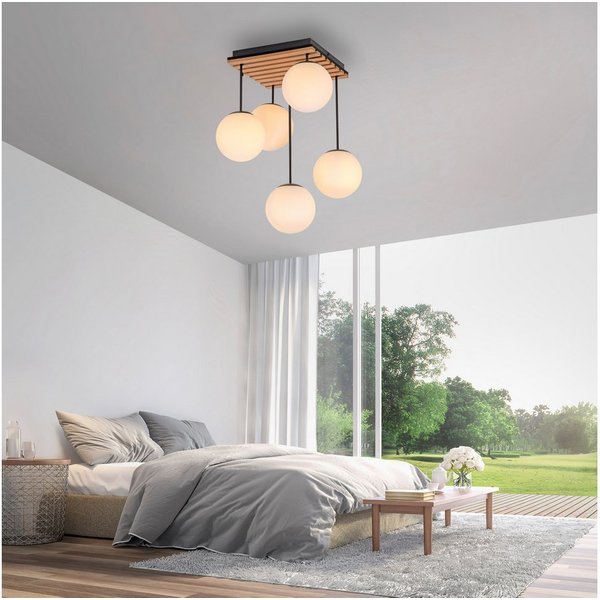 OTTO home Deckenleuchte Evinnia Akustikpaneele mit Glaskugeln, ohne Leuchtmittel, Leuchtmittel wechselbar, Warmweiß, Holz, Akustik, Paneele, Glas, Deckenlampe E