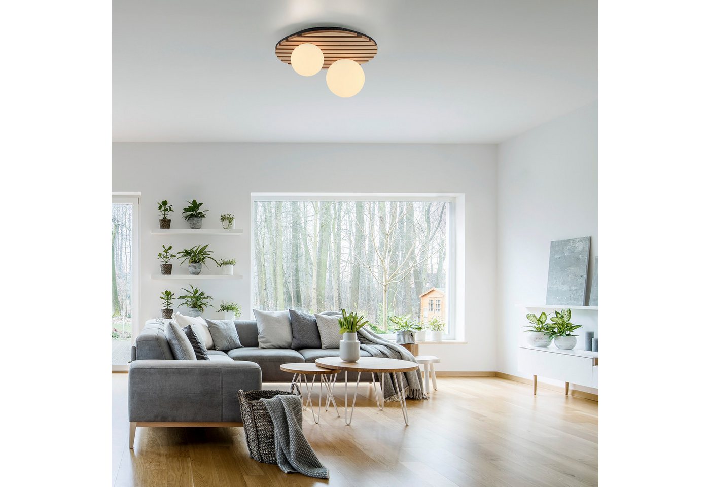 OTTO home Deckenleuchte Evinnia Akustikpaneele mit Glaskugel, ohne Leuchtmittel, Leuchtmittel wechselbar, Warmweiß, Holz, Akustik, Paneele, Glas, opal matt weiß – Bild 2 von 5