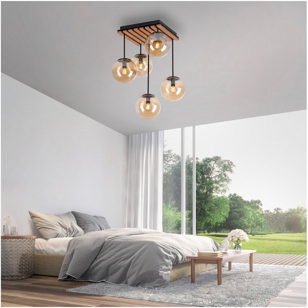 OTTO home Deckenleuchte Evinnia Akustikpaneele mit Glaskugeln, ohne Leuchtmittel, Leuchtmittel wechselbar, Warmweiß, Holz, Akustik, Paneele, Glas, Deckenlampe E