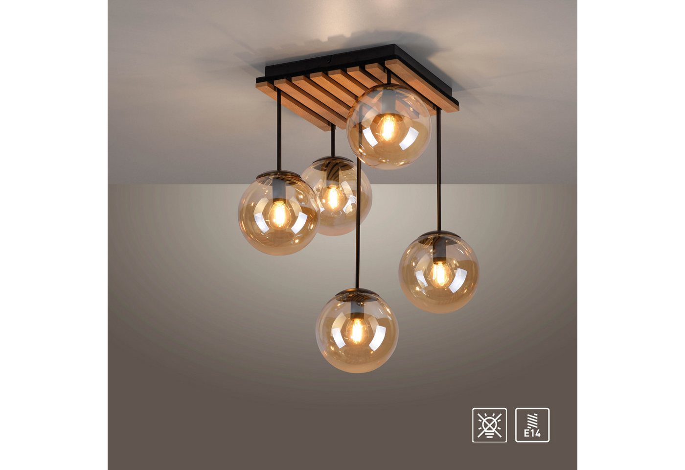 OTTO home Deckenleuchte Evinnia Akustikpaneele mit Glaskugeln, ohne Leuchtmittel, Leuchtmittel wechselbar, Warmweiß, Holz, Akustik, Paneele, Glas, Deckenlampe E – Bild 3 von 5
