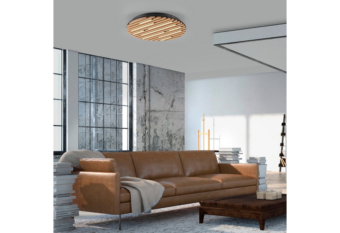 OTTO home Deckenleuchte Ullii Akustikpaneele, LED fest integriert, Warmweiß, schwarze LED Diffuser, Holz, Akustik, Paneele, 3000K - Ø 40 cm – Bild 3 von 5