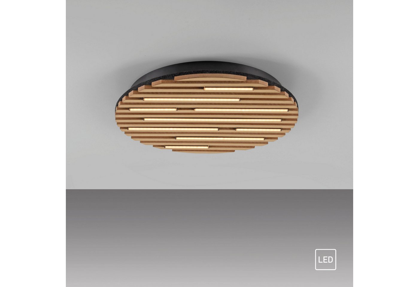 OTTO home Deckenleuchte Ullii Akustikpaneele, LED fest integriert, Warmweiß, schwarze LED Diffuser, Holz, Akustik, Paneele, 3000K - Ø 40 cm – Bild 4 von 5