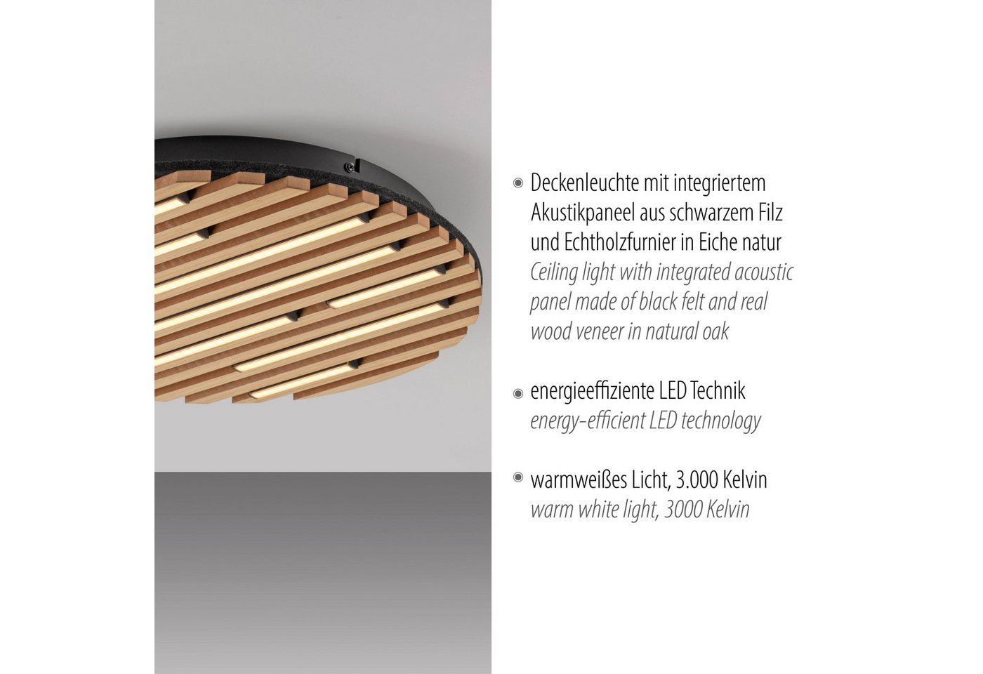 OTTO home Deckenleuchte Ullii Akustikpaneele, LED fest integriert, Warmweiß, schwarze LED Diffuser, Holz, Akustik, Paneele, 3000K - Ø 40 cm – Bild 5 von 5