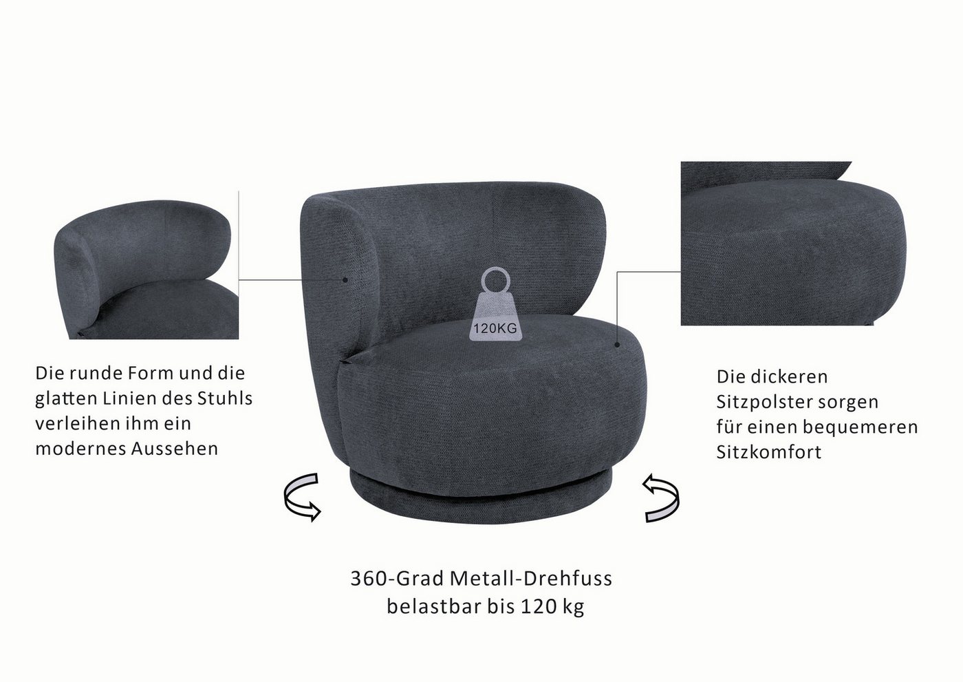 OTTO home Drehsessel ANNELIN, Loungesessel, Clubsessel, 360° drehbar, Struktur-Bezug – Bild 3 von 5