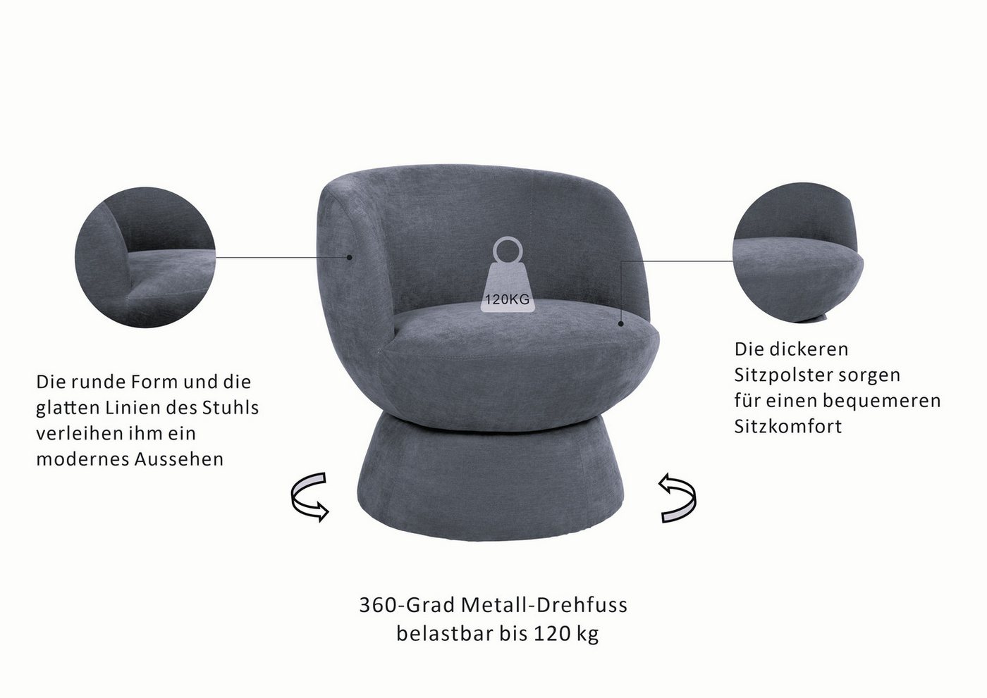 OTTO home Drehsessel ZAZZA Lese-Sessel, TV-Sessel, Loungesessel, 360° drehbar, feiner Struktur-Bezug – Bild 3 von 5