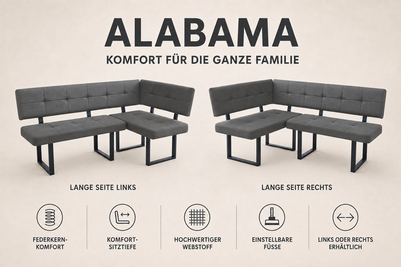 OTTO home Eckbank Alabama (1-St), gemütliche Sitzbank in Webstoff mit Federkern und Komfort-Sitztiefe – Bild 3 von 5