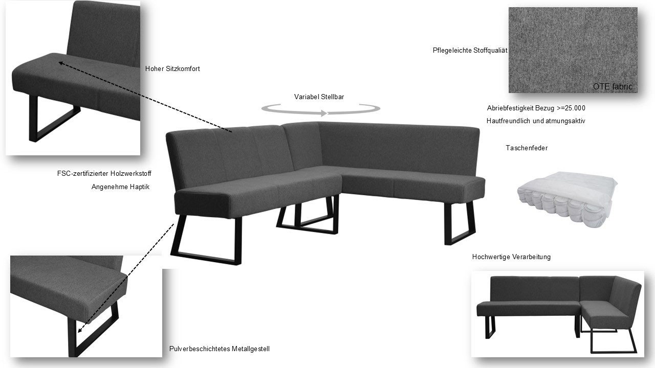 OTTO home Eckbank Gladiole, (Sitzbank, Esszimmerbank, Bank), mit Taschenfederkern, schwarzes Metallgestell, Breite 190 cm – Bild 3 von 5