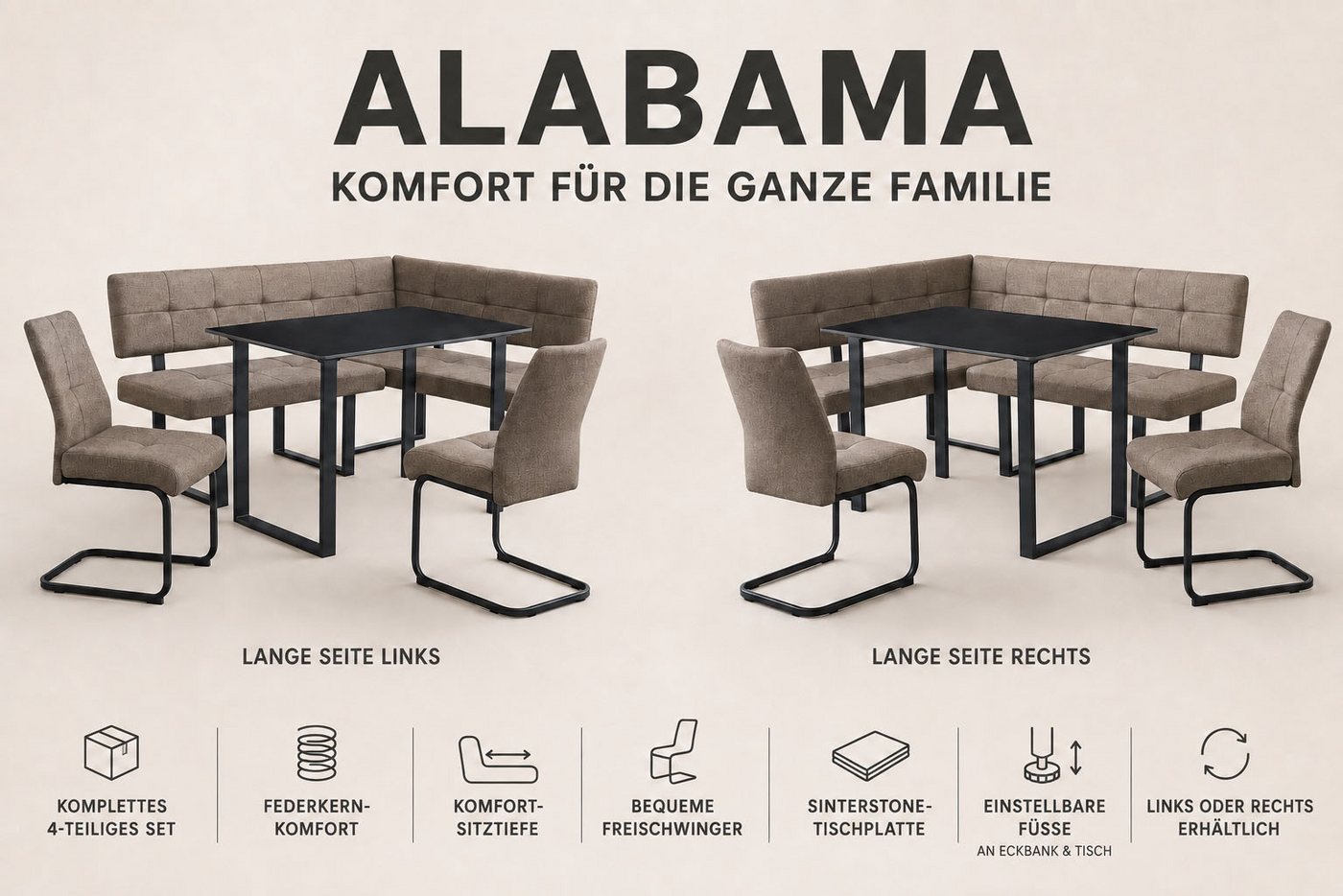 OTTO home Eckbankgruppe Alabama, (Spar-Set, 4-tlg), Sitzgruppe mit Federkern, 2 Freischwingern und Sinterstein-Tisch – Bild 3 von 5