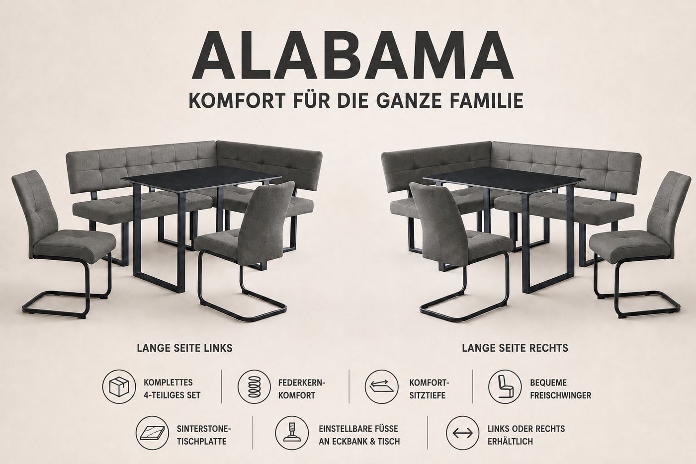 OTTO home Eckbankgruppe Alabama, (Spar-Set, 4-tlg), Sitzgruppe mit Federkern, 2 Freischwingern und Sinterstein-Tisch – Bild 3 von 5
