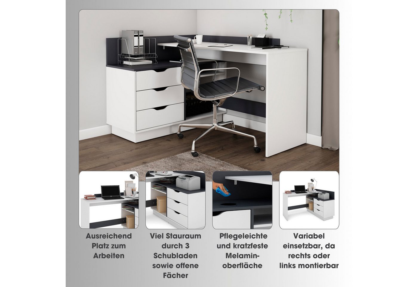 OTTO home Eckschreibtisch Bexley, mit viel Stauraum, Breite 129 cm, rechts oder links montierbar – Bild 3 von 5