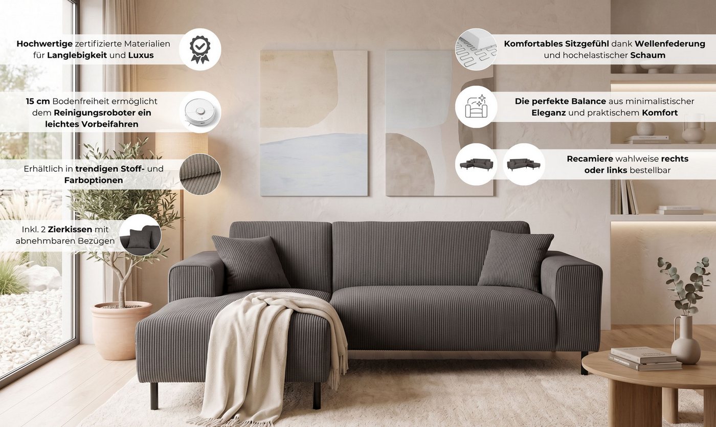 OTTO home Ecksofa ARROS L-Form mit Wellenunterfederung, Maße B/T/H: 235/163/81 cm, incl. Zierkissen, mit Recamiere rechts/links bestellbar, auch in Cord – Bild 3 von 5