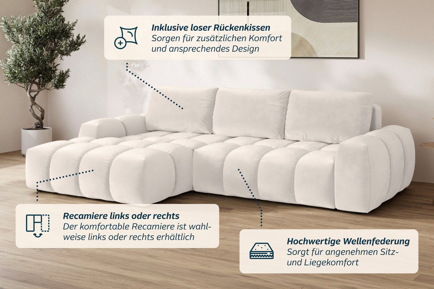 OTTO home Ecksofa AZITA L-Form, 270 cm - OTTO. Verlässliche Qualität., wahlweise als Schlafsofa m. Bettkasten, Bubble-Optik – Bild 5 von 5