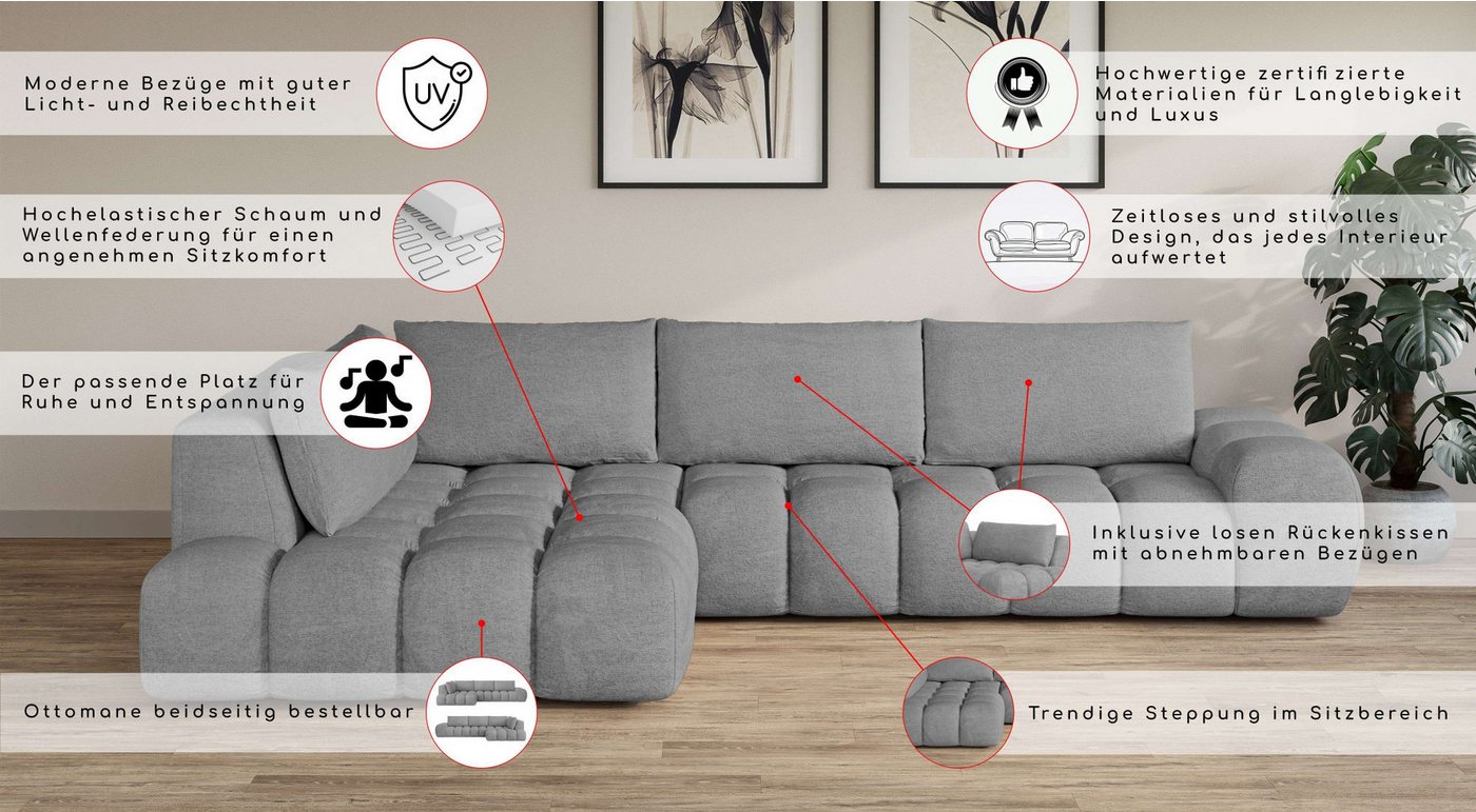 OTTO home Ecksofa AZITA L-Form, XL 296 cm - Designsofa in Bubble-Optik, lose Rückenkissen, traumhafte Steppung – Bild 3 von 5