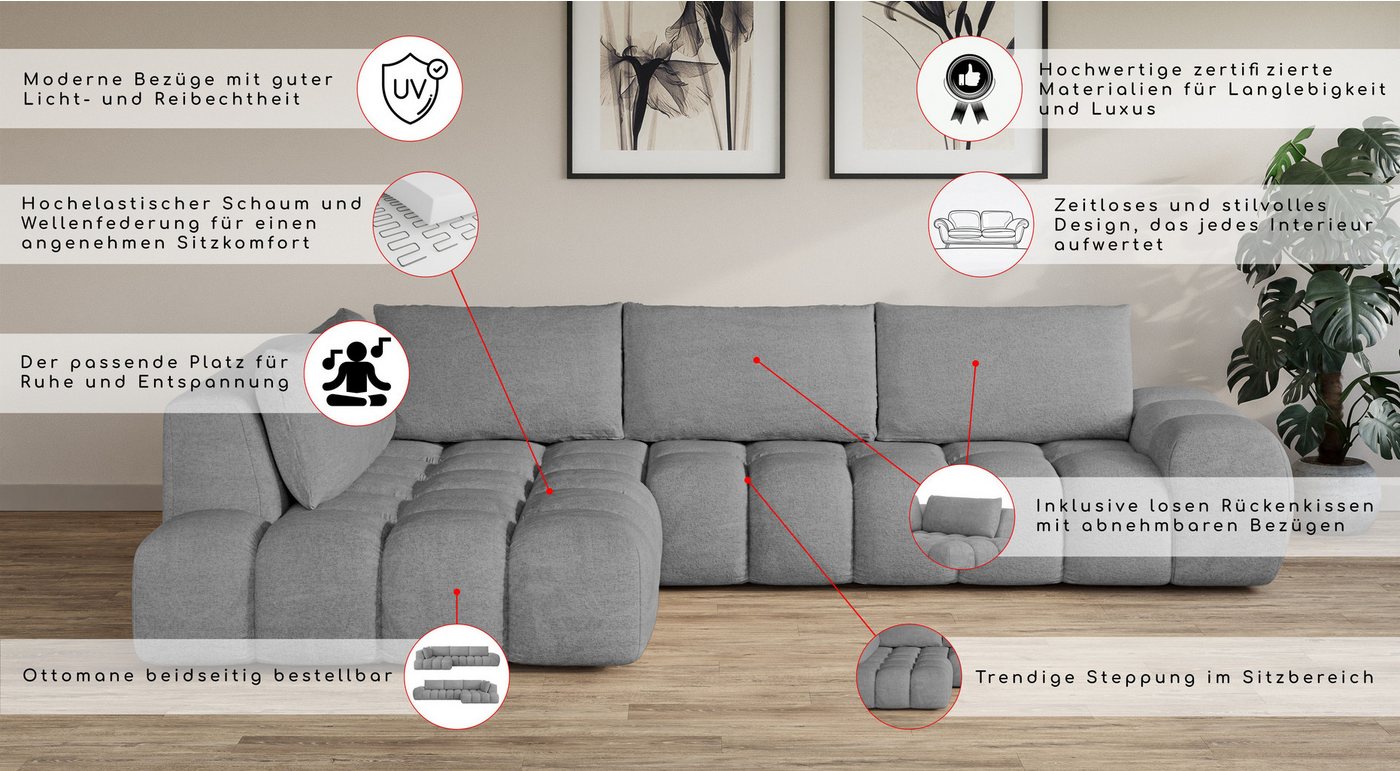 OTTO home Ecksofa AZITA L-Form, XXL 352 cm Designsofa in Bubble-Opitk, lose Rückenkissen, traumhafte Steppung – Bild 3 von 5