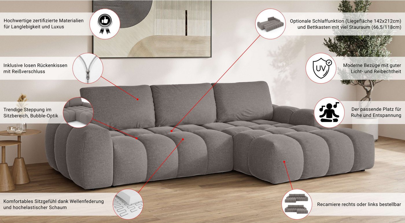 OTTO home Ecksofa AZITA L-Form, 270 cm - OTTO. Verlässliche Qualität., wahlweise als Schlafsofa m. Bettkasten, Bubble-Optik – Bild 4 von 5
