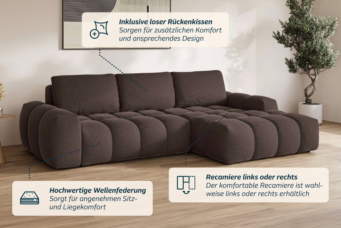 OTTO home Ecksofa AZITA L-Form, 270 cm - OTTO. Verlässliche Qualität., wahlweise als Schlafsofa m. Bettkasten, Bubble-Optik – Bild 5 von 5