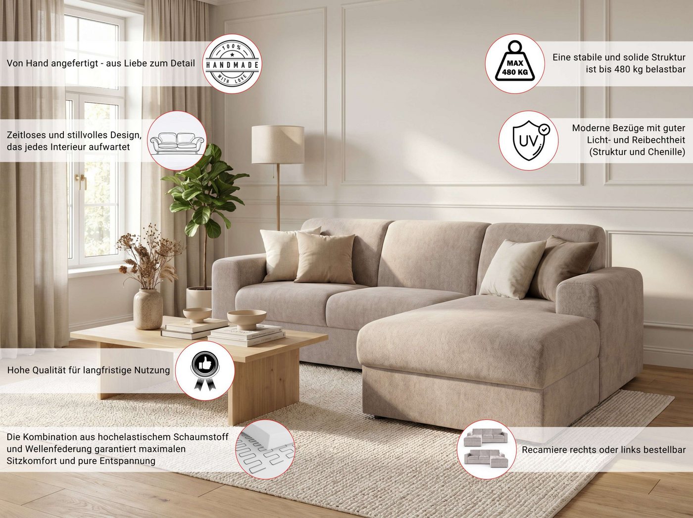 OTTO home Ecksofa BORNHOLM 2.0 L-Form, Breite 220 cm, Verlässliche Qualität, Struktur, Recamiere links/rechts bestellbar, Bezug - Chenille oder Struktur – Bild 3 von 5