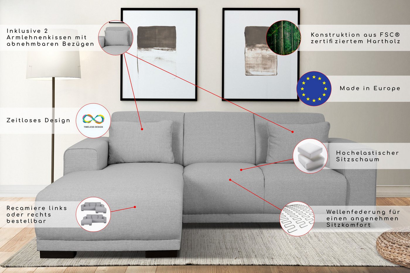 OTTO home Ecksofa BORNHOLM L-Form, B: 234 cm - OTTO. Verlässliche Qualität., Recamiere links oder rechts bestellbar, Wellenfederung, inkl. 2 Kissen – Bild 3 von 5