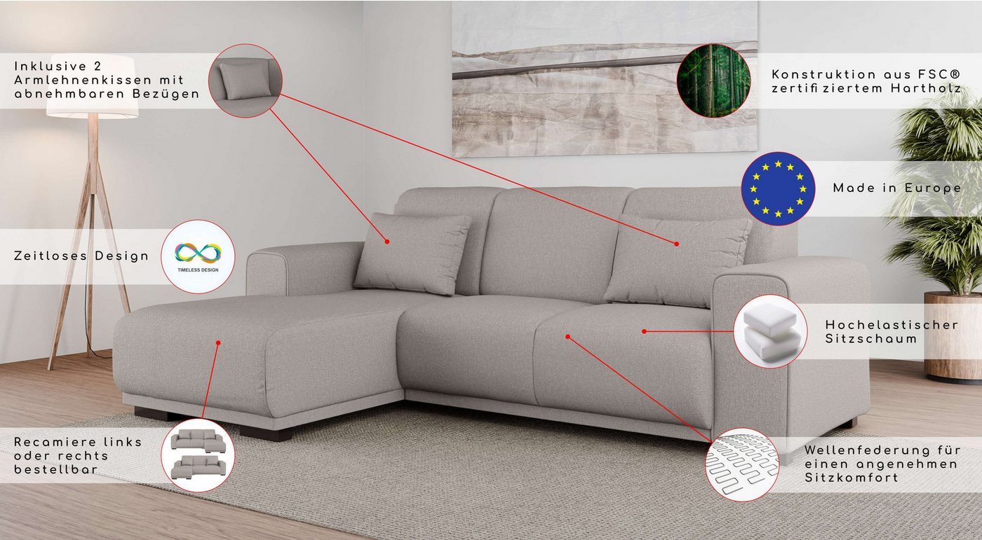 OTTO home Ecksofa BORNHOLM L-Form, B: 234 cm - OTTO. Verlässliche Qualität., Recamiere links oder rechts bestellbar, Wellenfederung, inkl. 2 Kissen – Bild 3 von 5