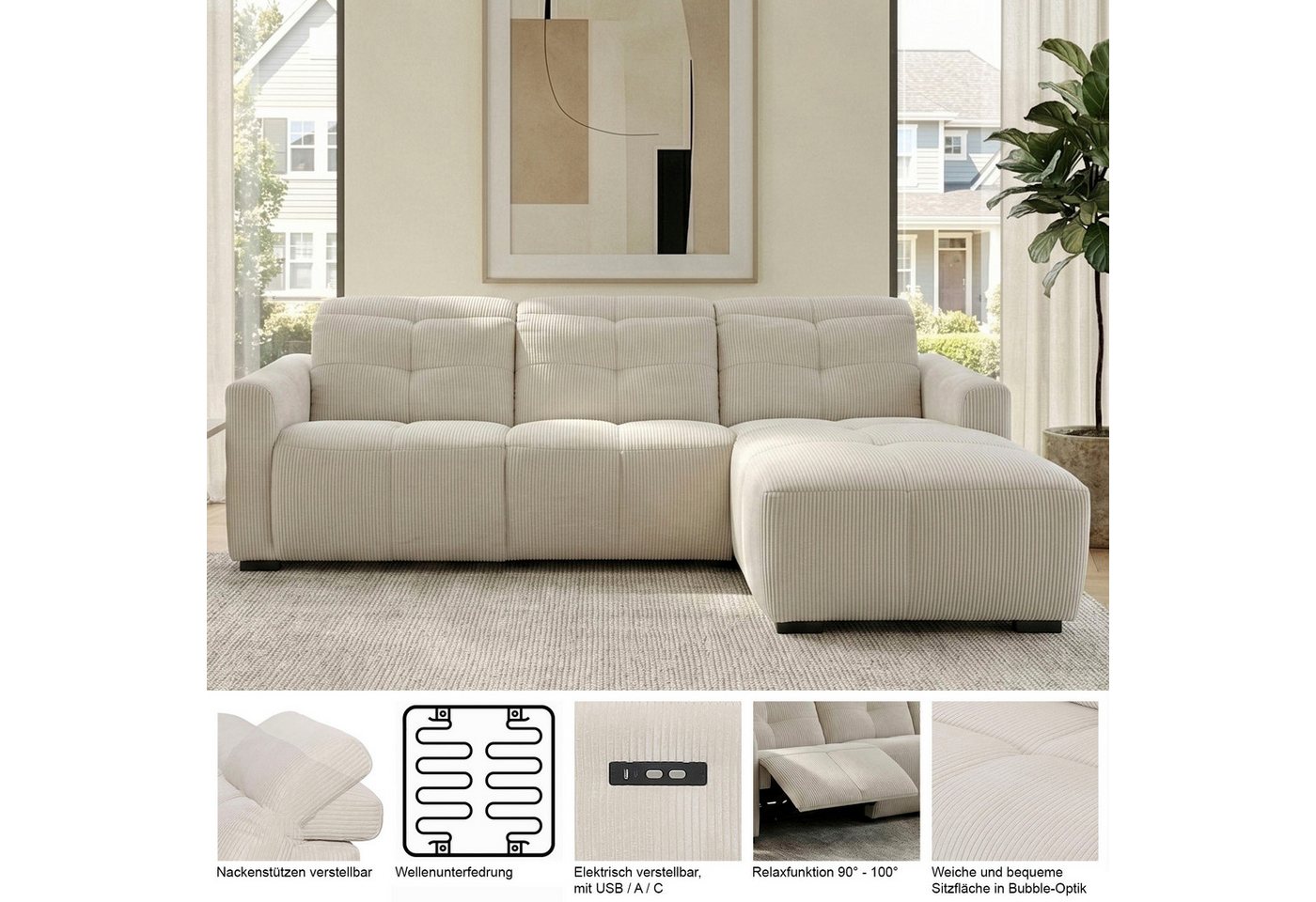 OTTO home Ecksofa CAARLA Webstoff, L-Form, 261 cm, man. o. elektr. Relaxfunktion (USB), mit USB-A und USB-C bei elektrischer Ausführung, Kopfteilverstellung – Bild 3 von 5