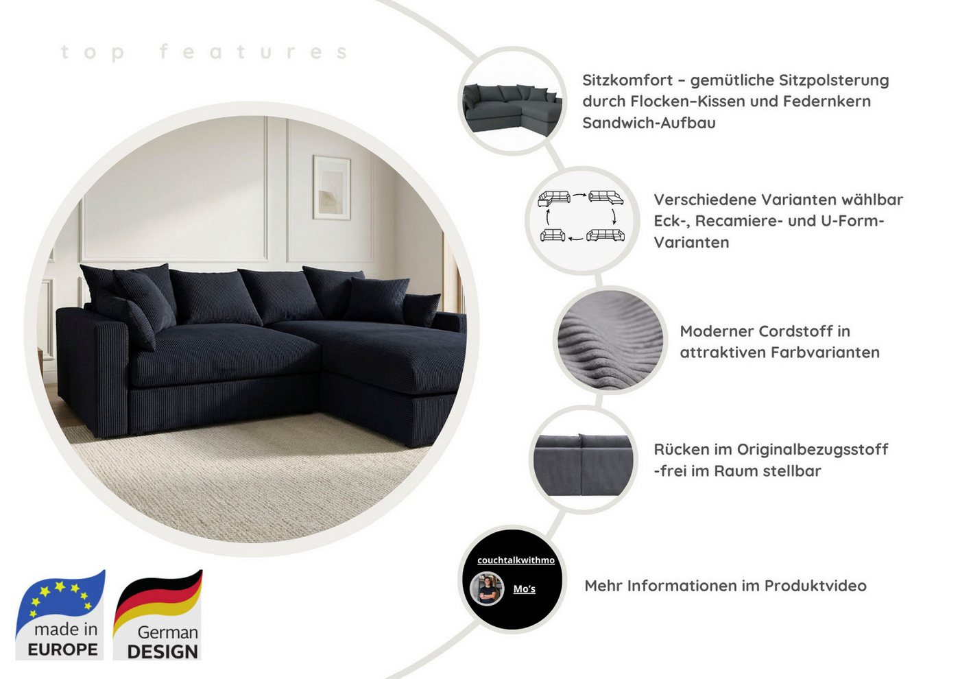 OTTO home Ecksofa Cosy Lounge L-Form, Breite 333 cm, Mega-Sofa mit Cordstoff bezogen, mit Federkern & 4 Zierkissen – Bild 3 von 5