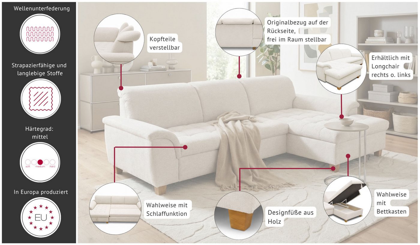 OTTO home Ecksofa Eggery 279 x 162 cm, auch mit Schlaffunktion & Bettkasten, Holzfüße, L-Form, aus pflegeleichtem Luxus-Microfaser – Bild 3 von 5