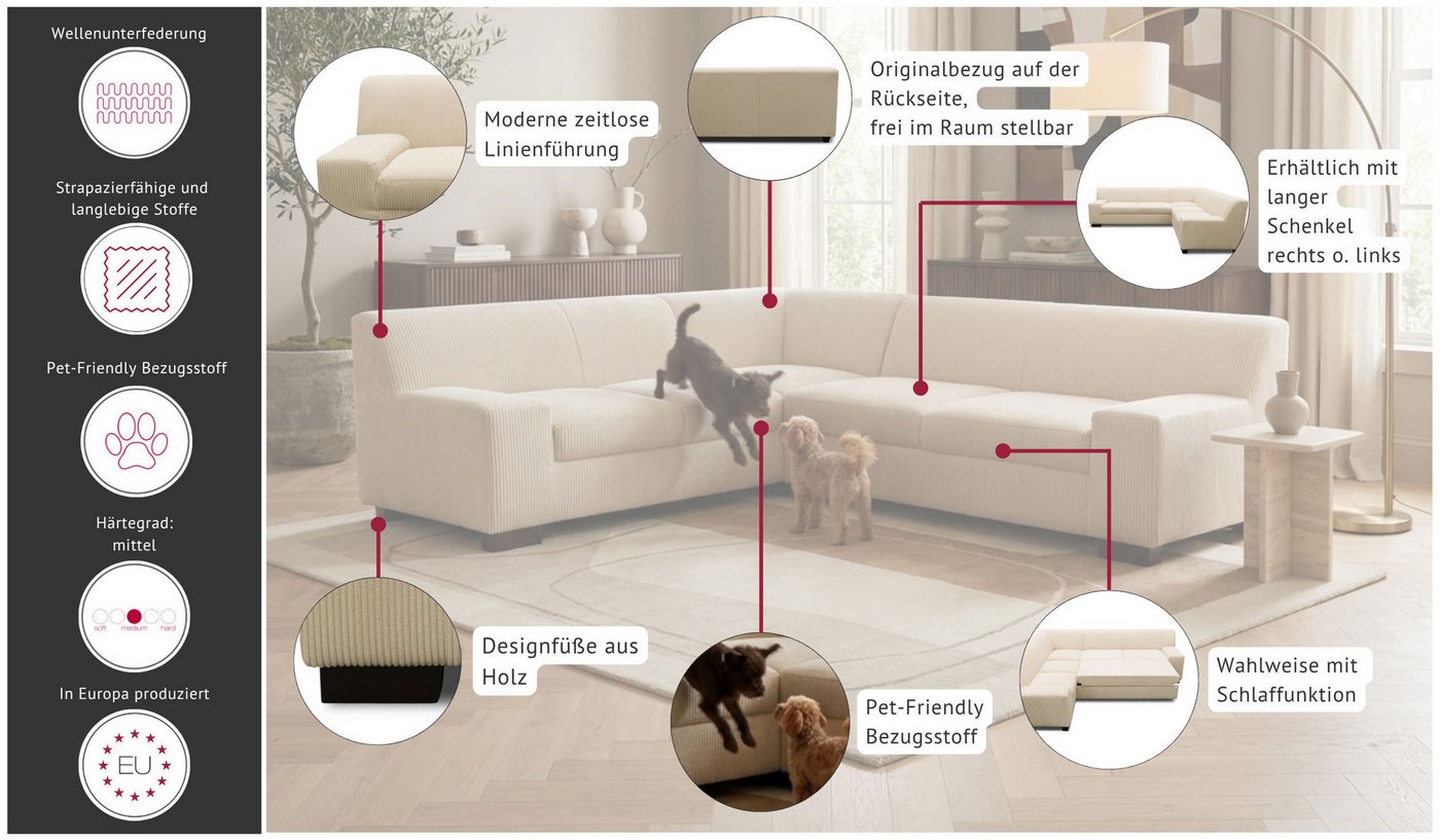 OTTO home Ecksofa Faxxe 249 x 214 cm, auch mit Schlaffunktion, aus haustierfreundlichem Pet Friendly Cord, L-Form – Bild 3 von 5