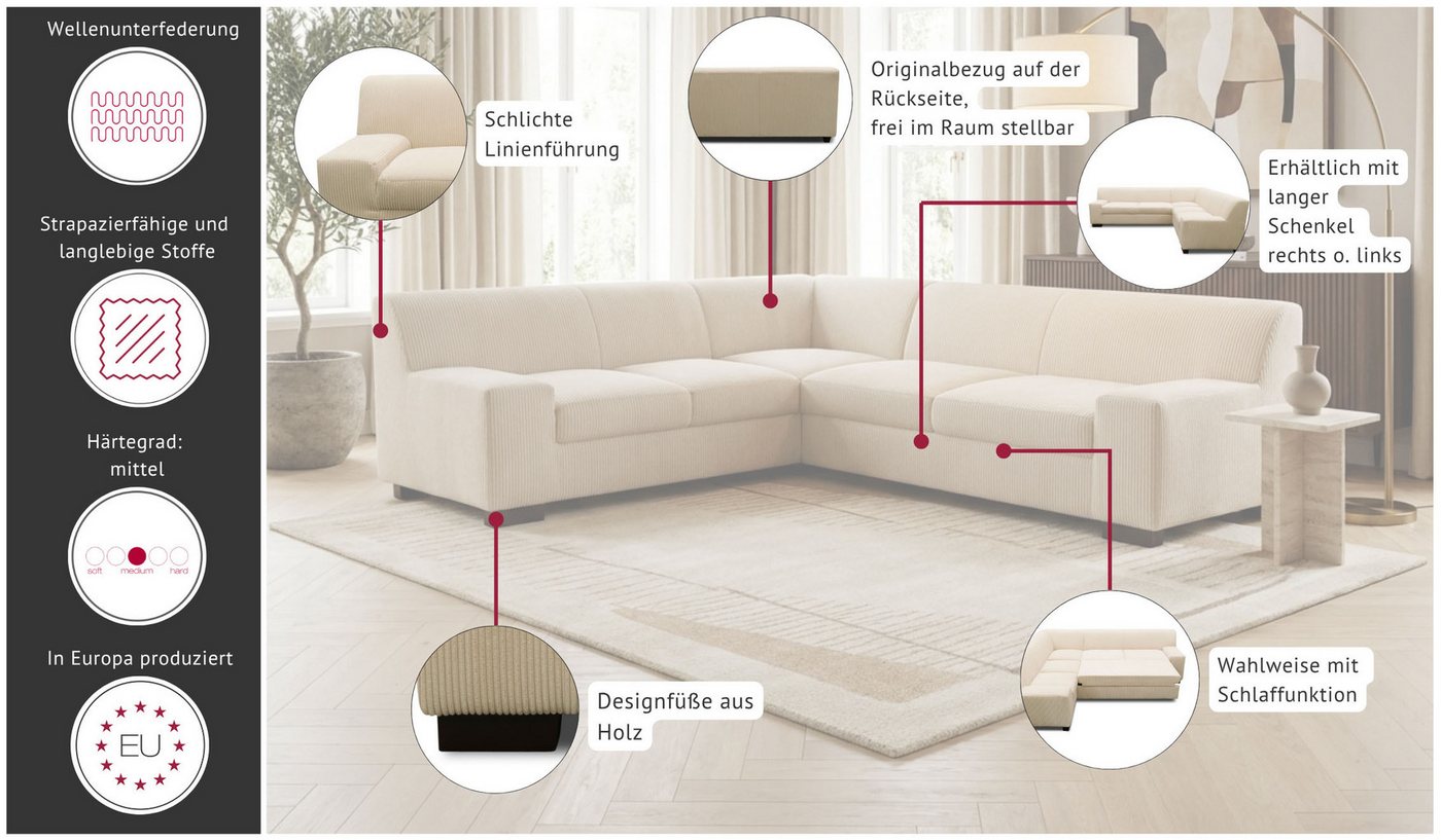 OTTO home Ecksofa Faxxe 249 x 214 cm, auch mit Schlaffunktion, aus pflegeleichtem, weichem Bezugsstoff, L-Form – Bild 3 von 5