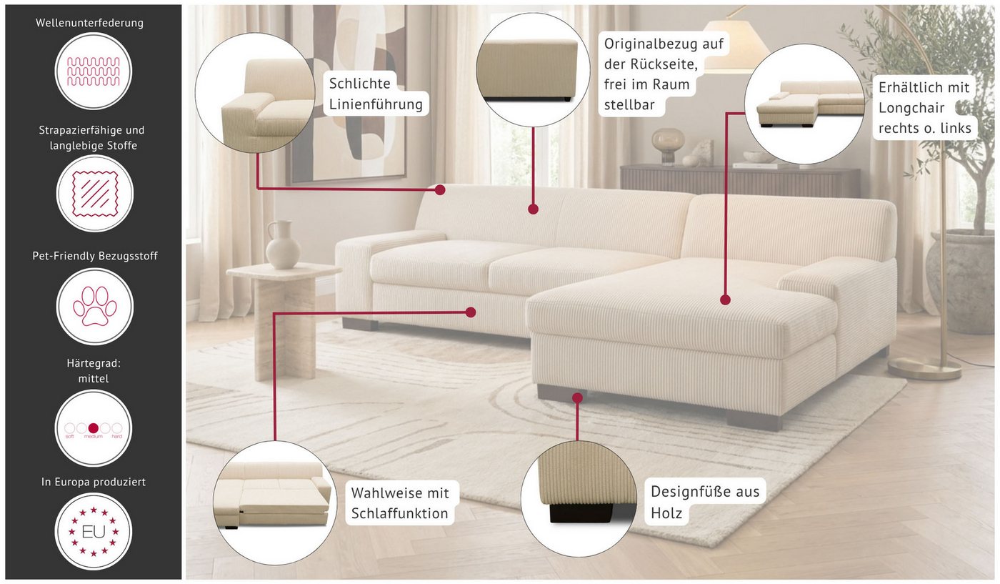 OTTO home Ecksofa Faxxe 268 x 153 cm, auch mit Schlaffunktion, aus haustierfreundlichem Pet Friendly Cord, L-Form – Bild 3 von 5