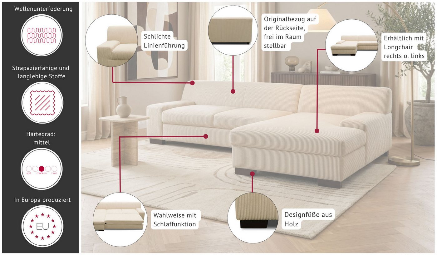OTTO home Ecksofa Faxxe 268 x 153 cm, auch mit Schlaffunktion, aus pflegeleichtem, weichem Bezugsstoff, L-Form – Bild 3 von 5